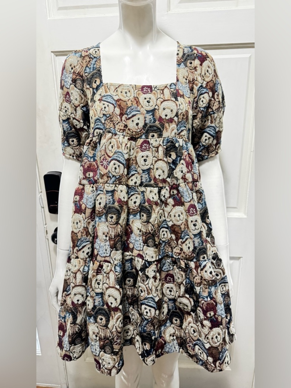 Lala Vintage Inspired Boho Coquette Jacquard Material Teddy Print Tiered S XS A